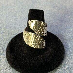 925 silver bypass ring two fish design size 8